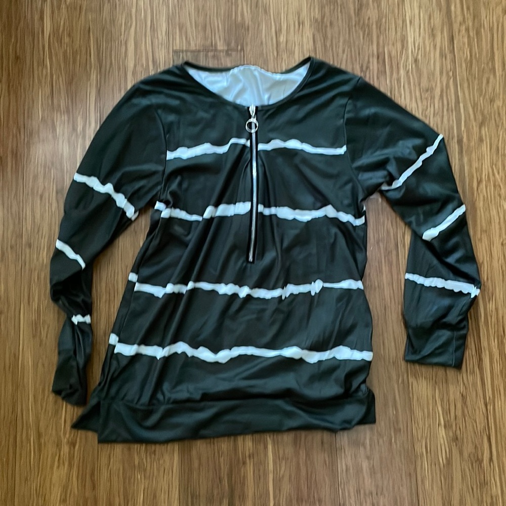 Long sleeve, olive green striped shirt
